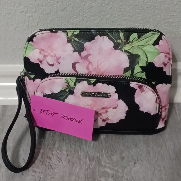 NWT BETSEY JOHNSON Black Dome Pocket Wristlet w/ Pink Floral Print - Picture 1 of 6